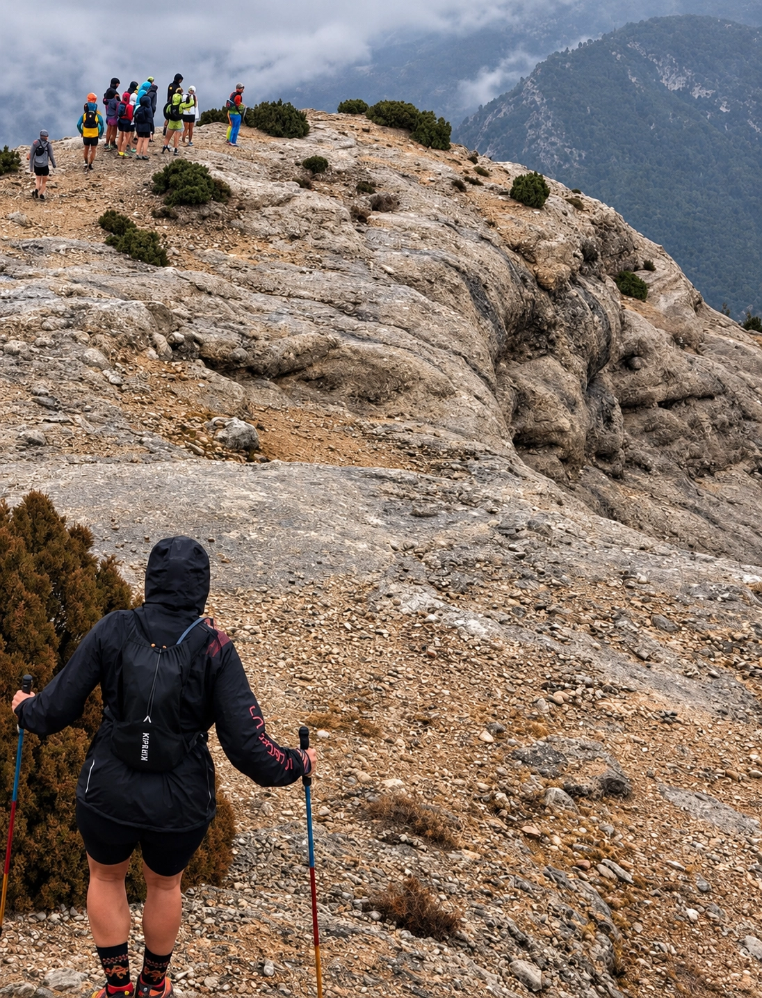 Grup de senderistes avançant per un paisatge rocós