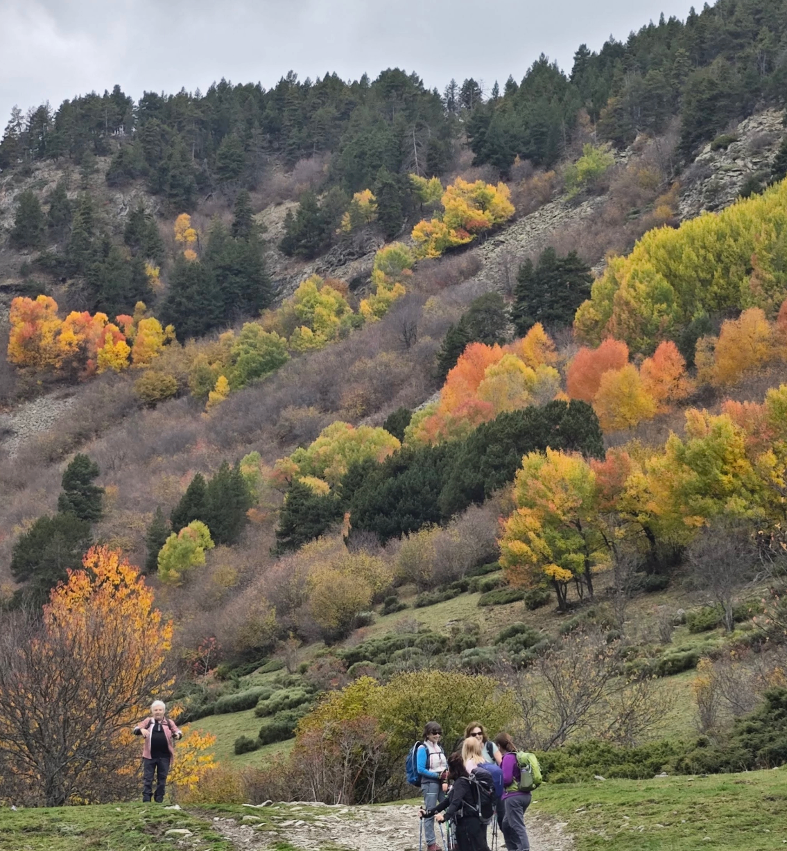 Grup d'excursionistes en una vall amb colors de tardor